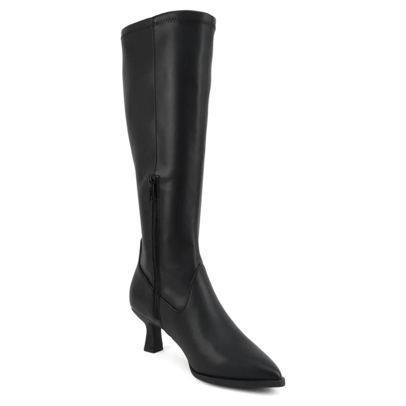 Bottes hautes femme noires en cuir synthétique, bout pointu, talon bas 6 cm, zip latéral
