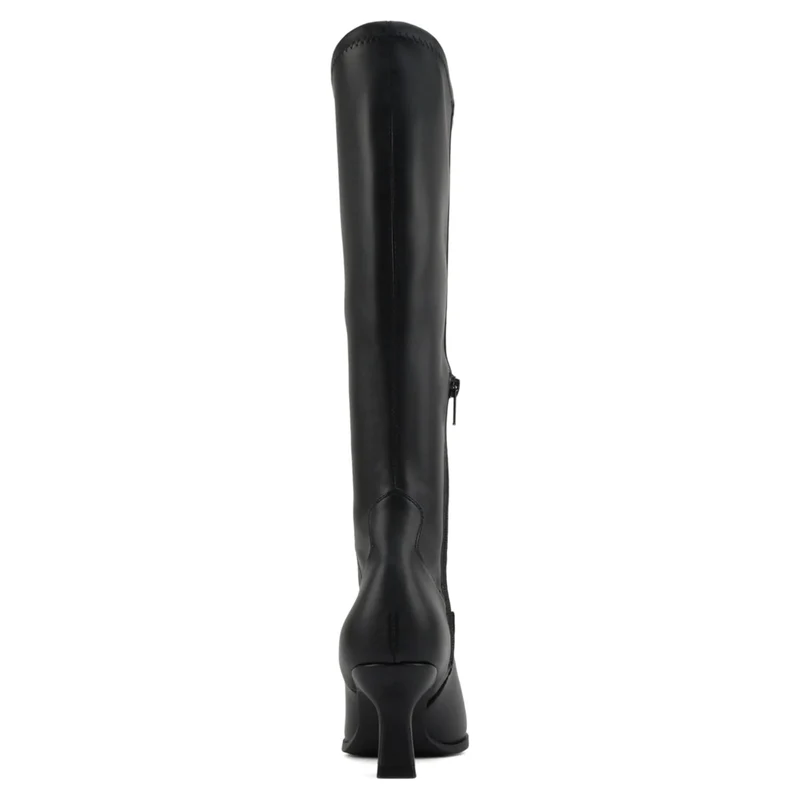 Bottes hautes femme noires en cuir synthétique, bout pointu, talon bas 6 cm, zip latéral