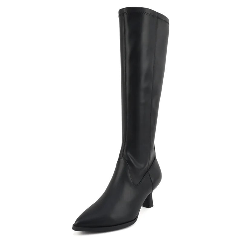 Bottes hautes femme noires en cuir synthétique, bout pointu, talon bas 6 cm, zip latéral