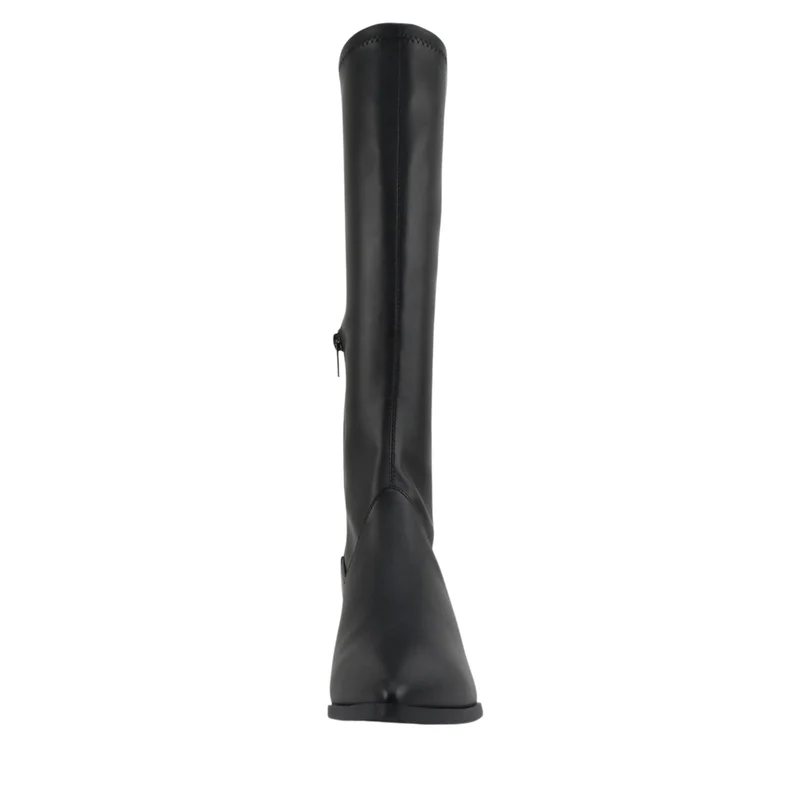 Bottes hautes femme noires en cuir synthétique, bout pointu, talon bas 6 cm, zip latéral