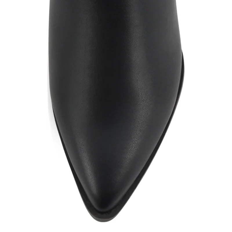 Bottes hautes femme noires en cuir synthétique, bout pointu, talon bas 6 cm, zip latéral