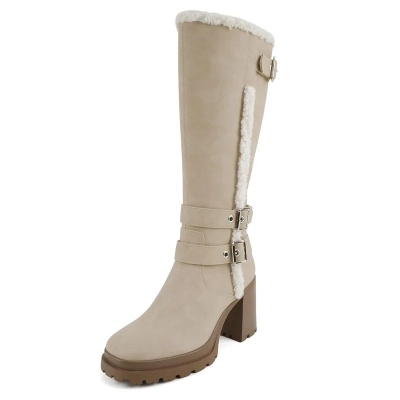 Bottes hautes femme beige à talon bloc et doublure fourrée, brides à boucles métal