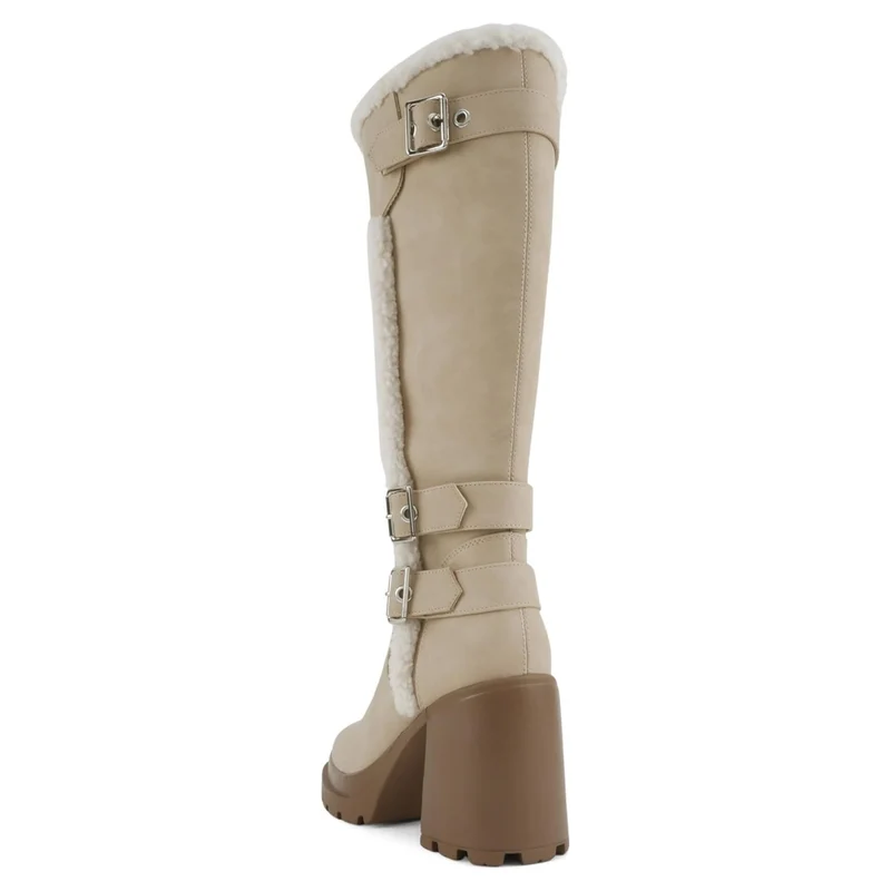 Bottes hautes femme beige à talon bloc et doublure fourrée, brides à boucles métal