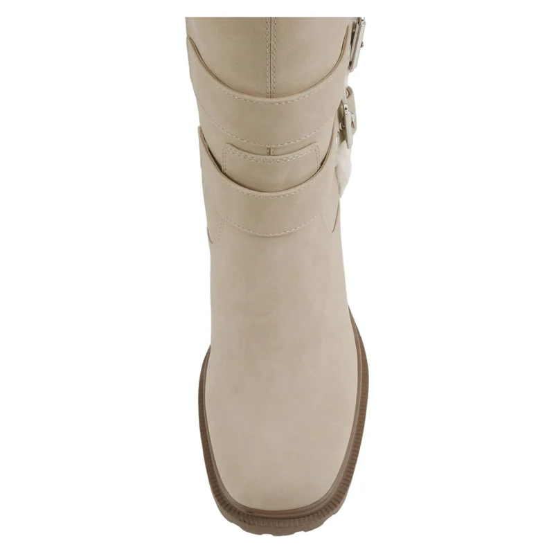 Bottes hautes femme beige à talon bloc et doublure fourrée, brides à boucles métal