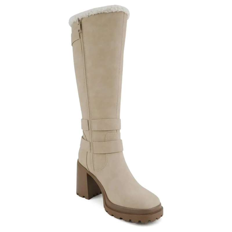 Bottes hautes femme beige à talon bloc et doublure fourrée, brides à boucles métal