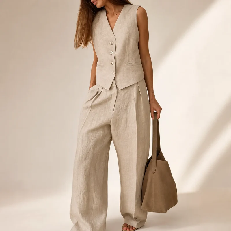 Terracotta Élégance | Ensemble Femme Lin Deux Pièces Gilet & Pantalon Large