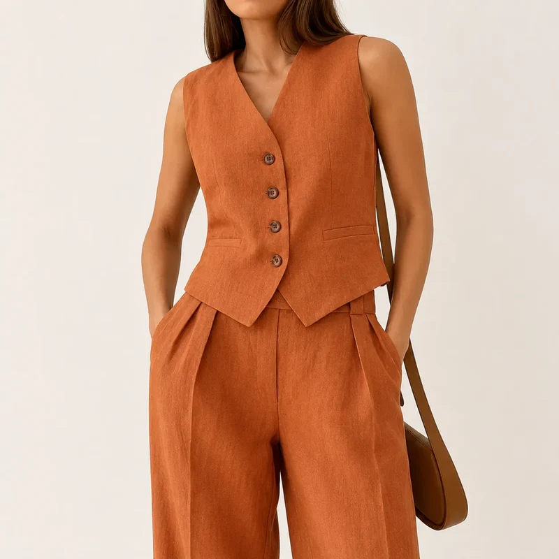 Terracotta Élégance | Ensemble Femme Lin Deux Pièces Gilet & Pantalon Large