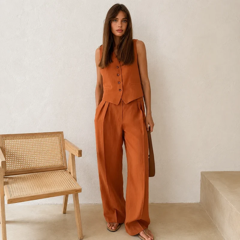 Terracotta Élégance | Ensemble Femme Lin Deux Pièces Gilet & Pantalon Large