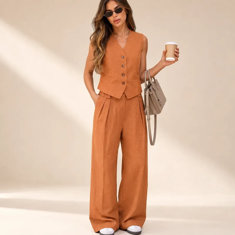 Terracotta Élégance | Ensemble Femme Lin Deux Pièces Gilet & Pantalon Large