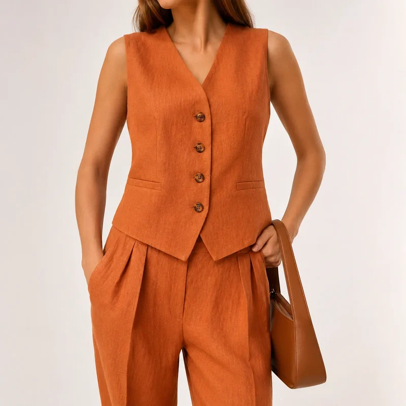 Terracotta Élégance | Ensemble Femme Lin Deux Pièces Gilet & Pantalon Large
