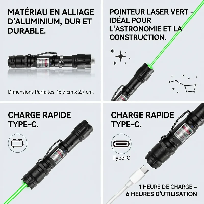 Pointeur Laser GreenBeam | Laser vert rechargeable 532 nm en aluminium