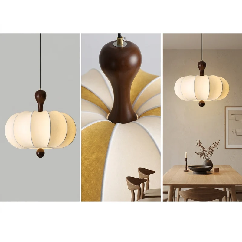 Suspension Noyer Élégance | Luminaire bois et tissu E27 blanc chaud