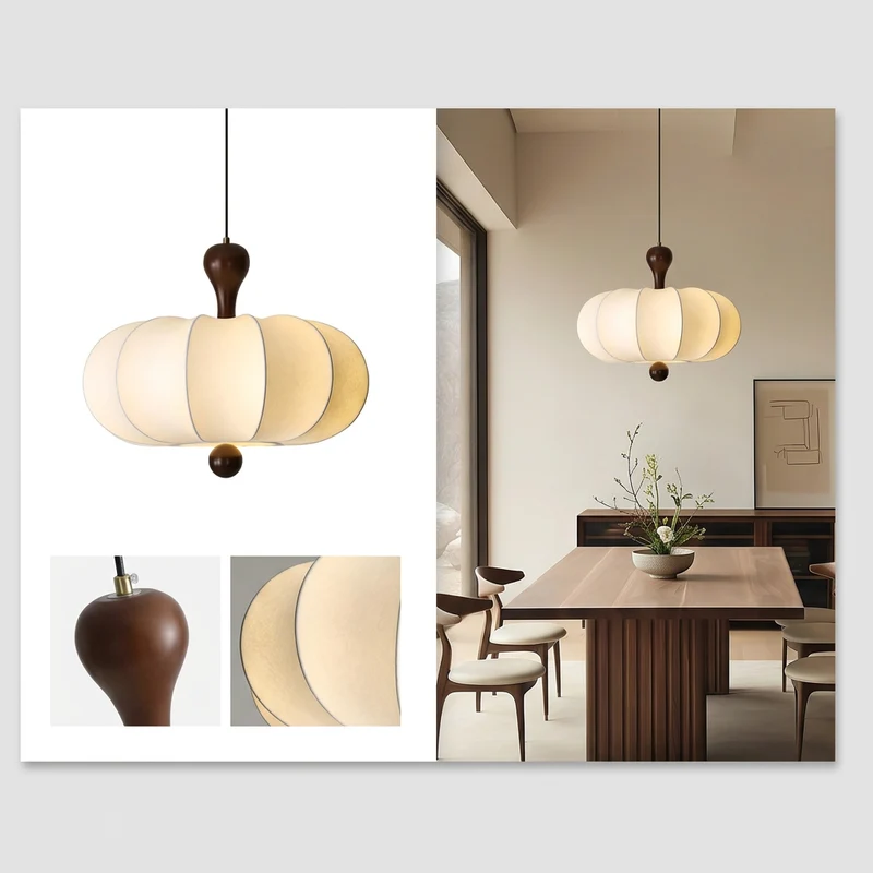 Suspension Noyer Élégance | Luminaire bois et tissu E27 blanc chaud
