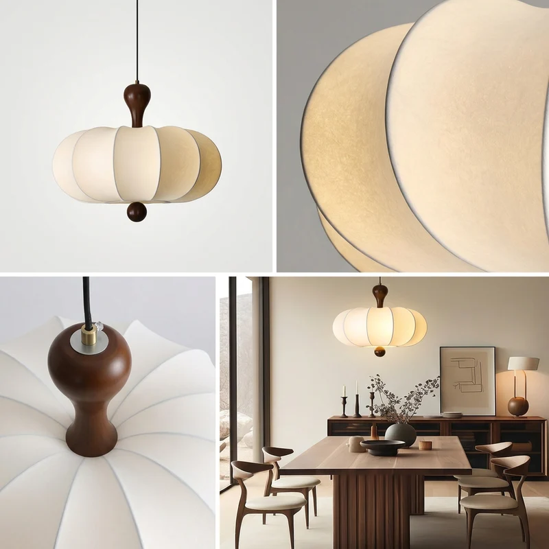 Suspension Noyer Élégance | Luminaire bois et tissu E27 blanc chaud