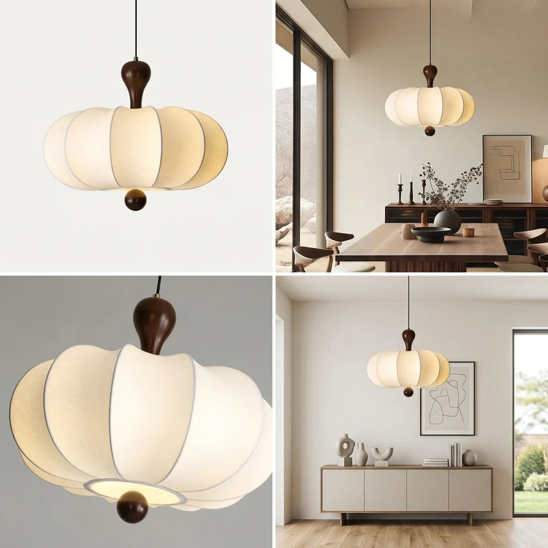 Suspension Noyer Élégance | Luminaire bois et tissu E27 blanc chaud
