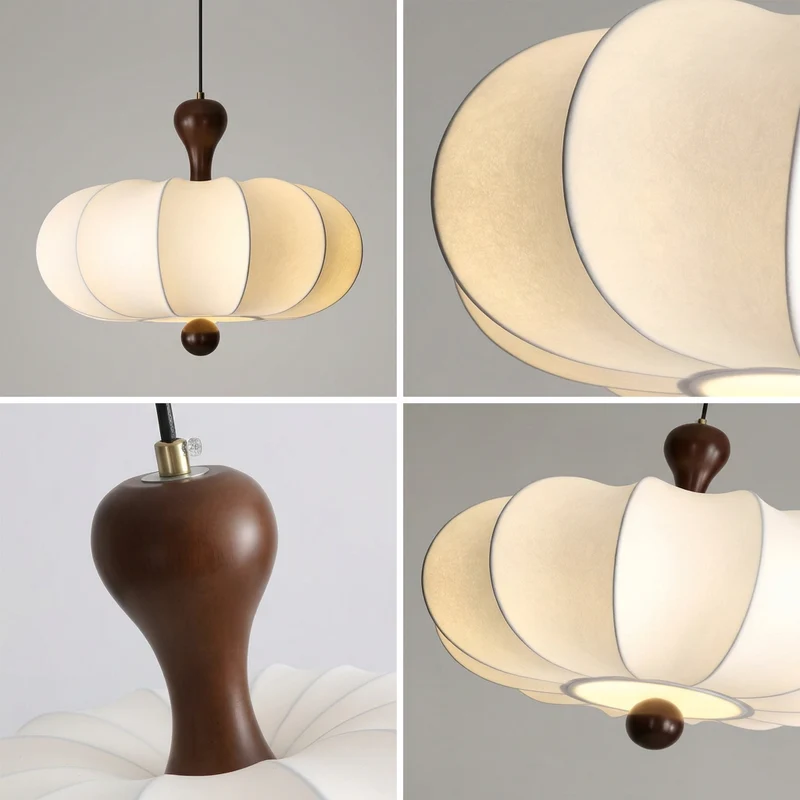 Suspension Noyer Élégance | Luminaire bois et tissu E27 blanc chaud