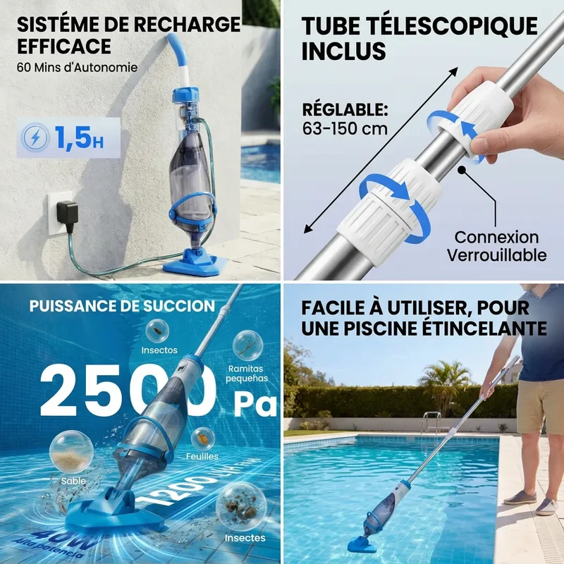 Aspirateur Piscine AquaVac | Robot piscine sans fil manuel avec perche télescopique 150 cm