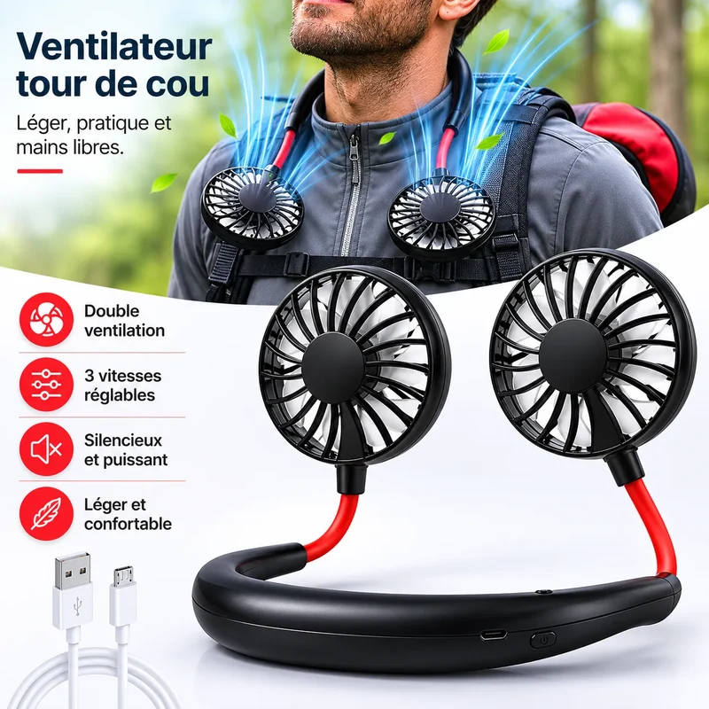 Ventilateur de Cou Portable AirFlex | climatiseur portable rechargeable USB 3 vitesses