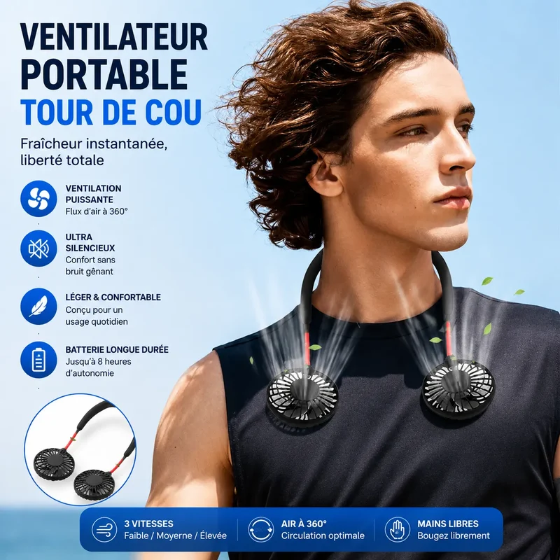 Ventilateur de Cou Portable AirFlex | climatiseur portable rechargeable USB 3 vitesses