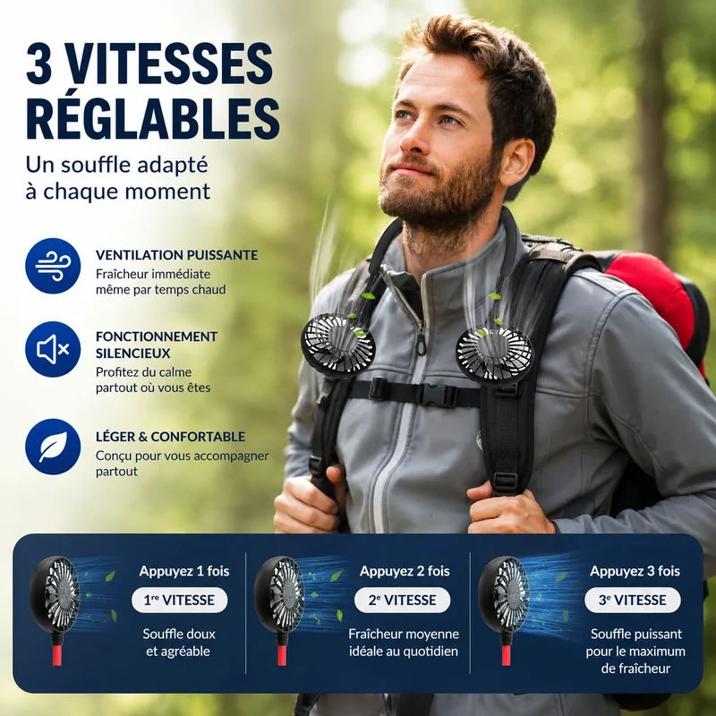 Ventilateur de Cou Portable AirFlex | climatiseur portable rechargeable USB 3 vitesses