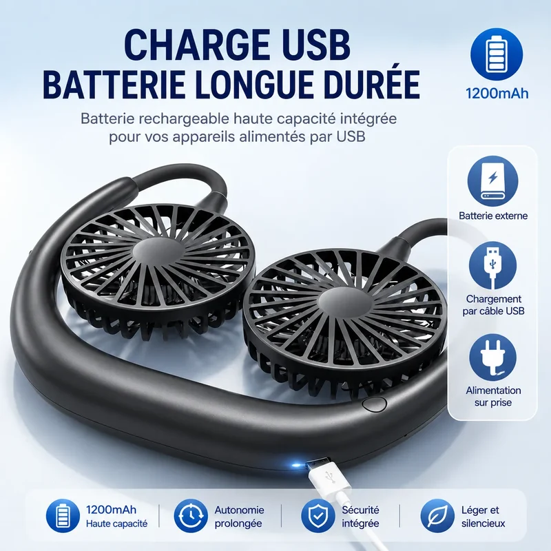 Ventilateur de Cou Portable AirFlex | climatiseur portable rechargeable USB 3 vitesses