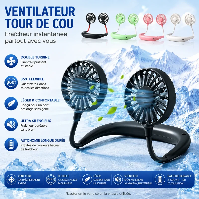 Ventilateur de Cou Portable AirFlex | climatiseur portable rechargeable USB 3 vitesses
