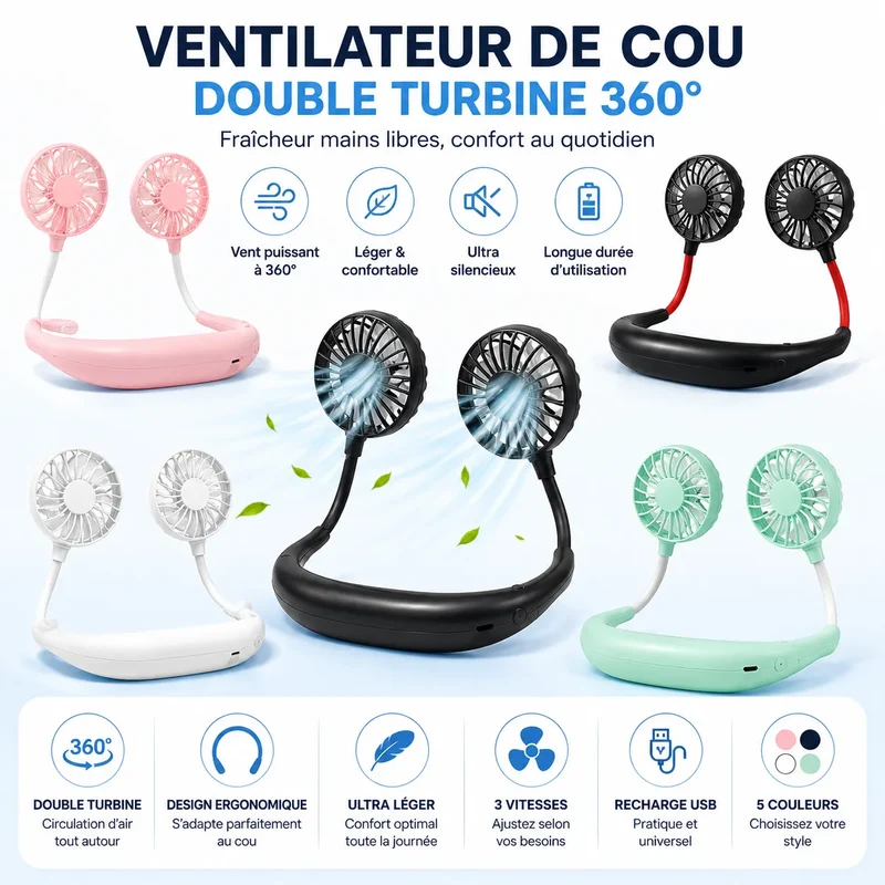 Ventilateur de Cou Portable AirFlex | climatiseur portable rechargeable USB 3 vitesses