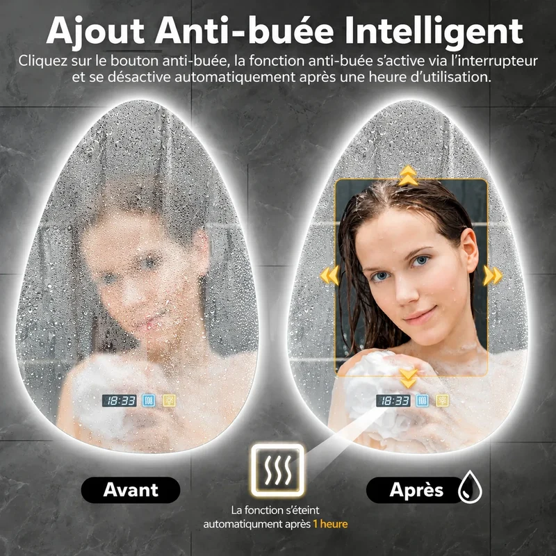 Miroir Salle de Bain LED ÉLORIA™ anti-buée 3 couleurs