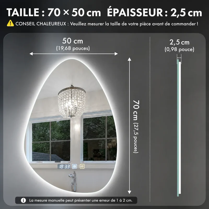 Miroir Salle de Bain LED ÉLORIA™ anti-buée 3 couleurs