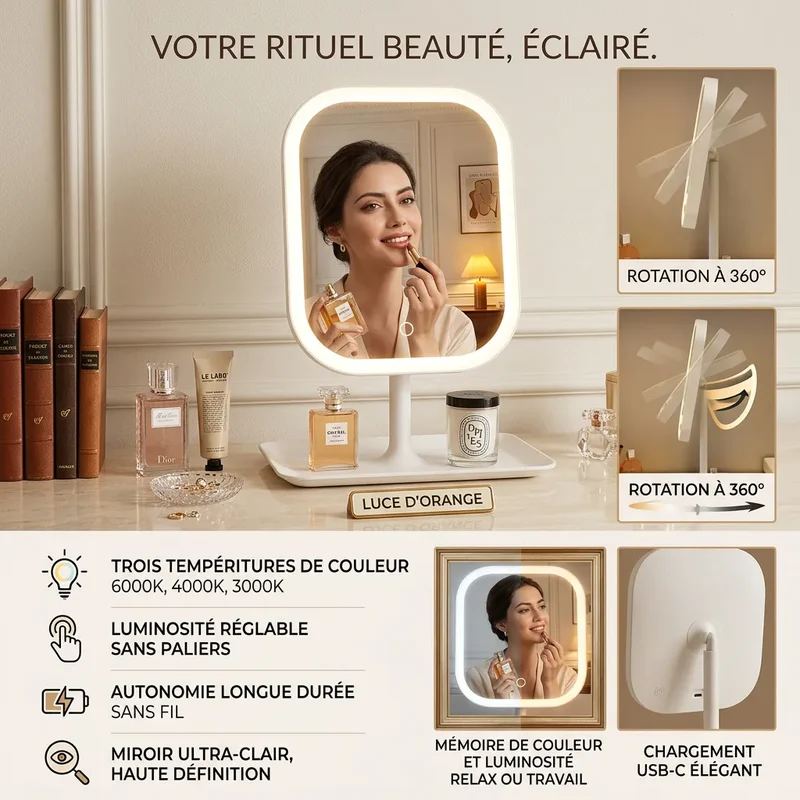 Miroir LED coiffeuse tactile rechargeable 3 couleurs