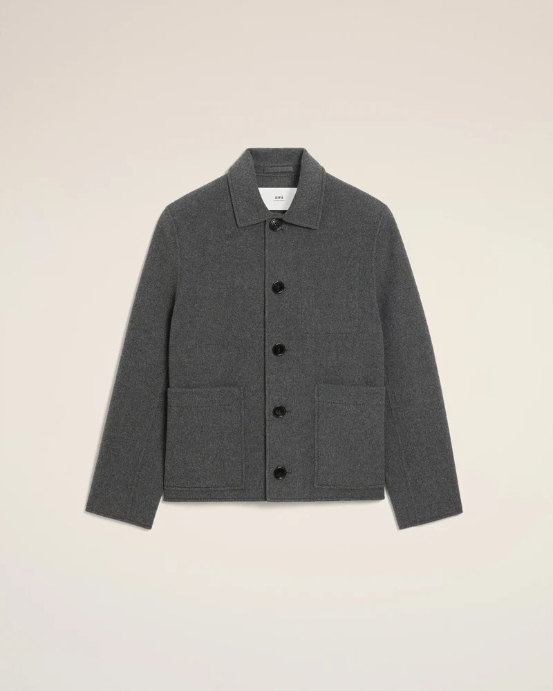 AMI Veste Double Face en Laine Cachemire Gris Chiné