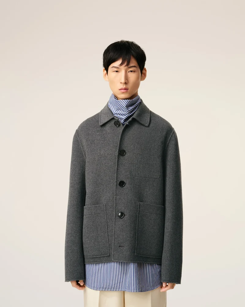 AMI Veste Double Face en Laine Cachemire Gris Chiné