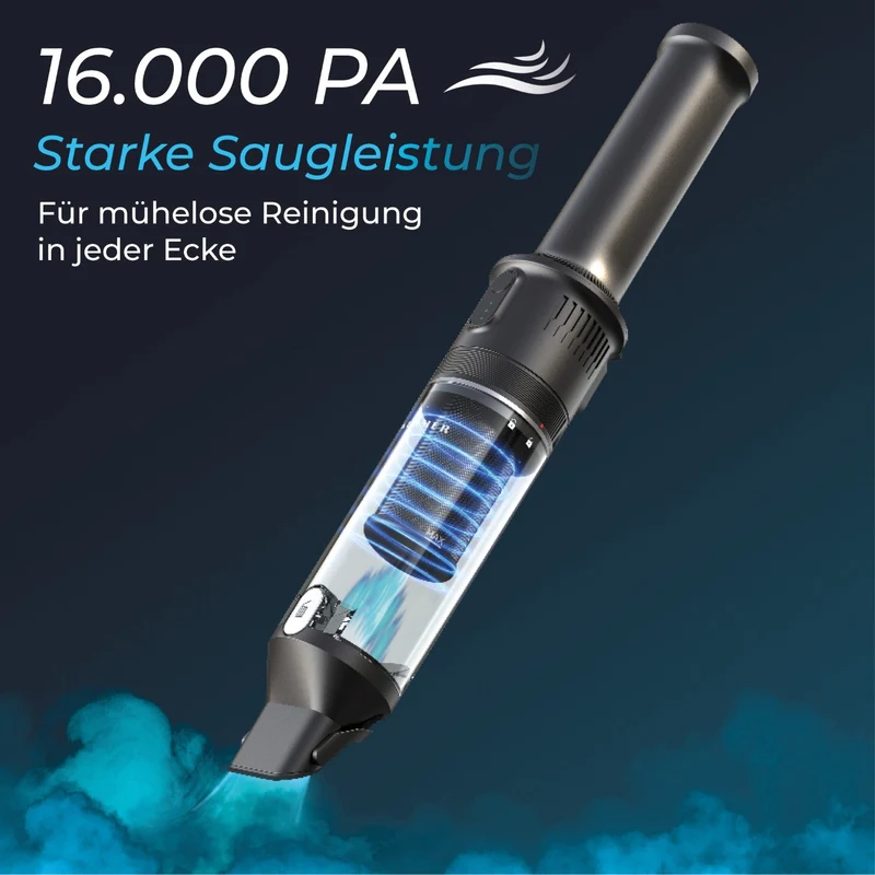 Handstaubsauger 140 Watt | Kabelloser Akku-Handstaubsauger mit 16.000 Pa und HEPA-Filter
