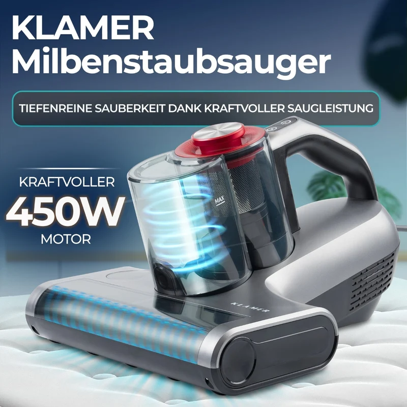 Milbenstaubsauger 450 Watt | Handstaubsauger mit 18.000 Pa, UV-Funktion und HEPA-Filter
