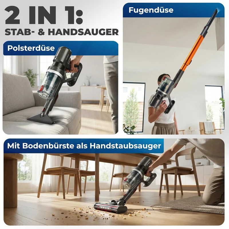 Akkustaubsauger 460 Watt | Kabelloser 2-in-1 Staubsauger mit bis zu 60 Minuten Laufzeit