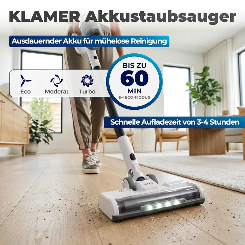 Akkustaubsauger 460 Watt | Kabelloser 2-in-1 Staubsauger mit bis zu 60 Minuten Laufzeit