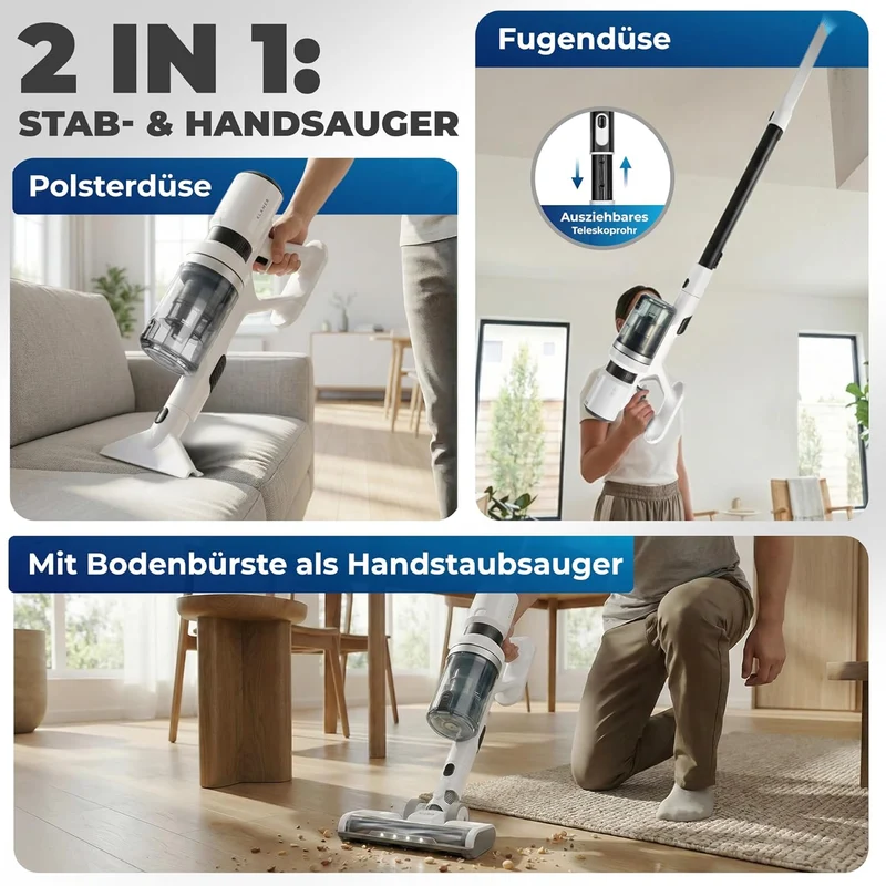Akkustaubsauger 460 Watt | Kabelloser 2-in-1 Staubsauger mit bis zu 60 Minuten Laufzeit