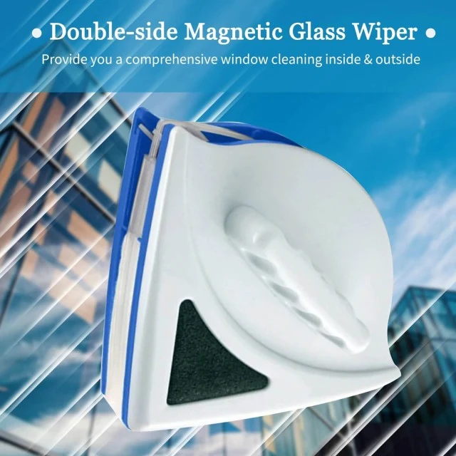 Magnetischer Fensterreiniger für Innen & Außen | Reinigt beide Seiten gleichzeitig | Dreiecksform für Ecken, mit Gummilippe + 4 Ersatzschwämme