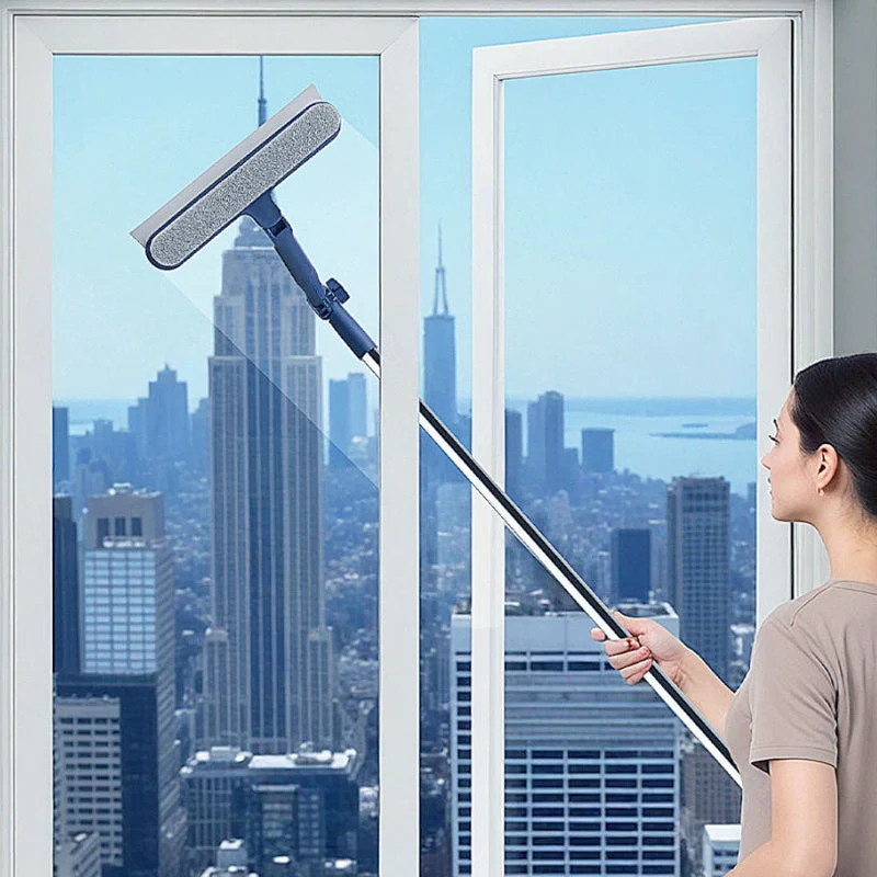 Fensterreiniger mit Teleskopstange 120 cm | Doppelseitig Schwamm + Abzieher | Streifenfrei ohne Leiter, für Schiebe- & Kippfenste