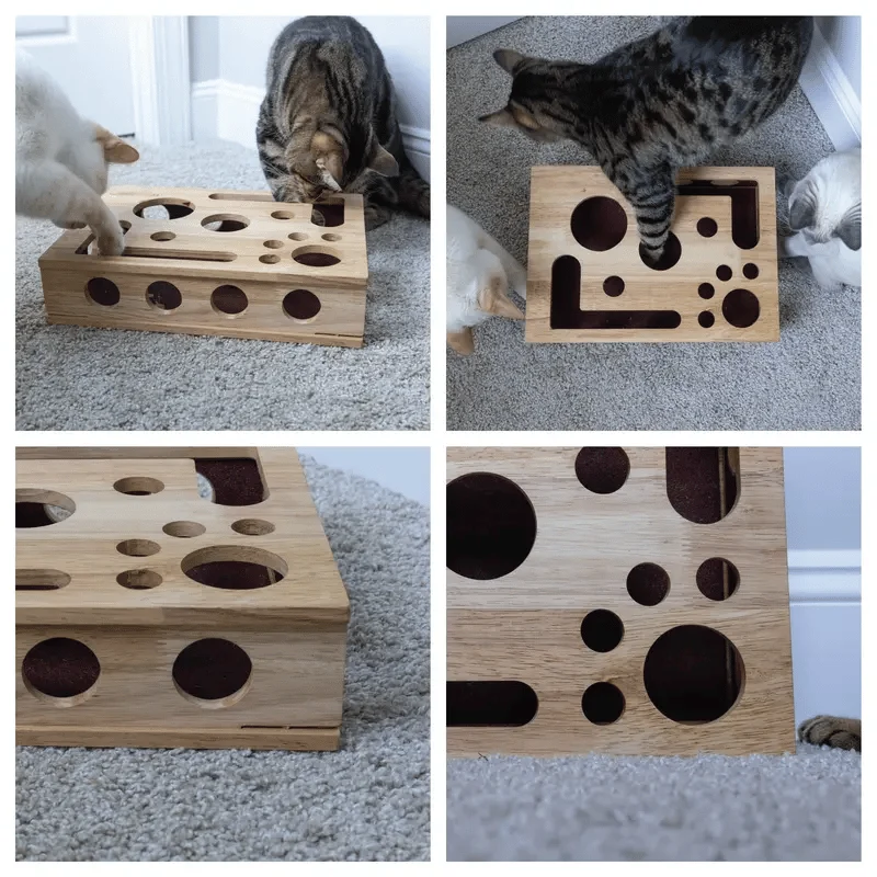 Katzen Kratz-Puzzle Beschäftigungsbox aus Eichenholz | Krallenpflege + mentale Stimulation | Möbel schützen | 30×25×6 cm | 1–2er Pack