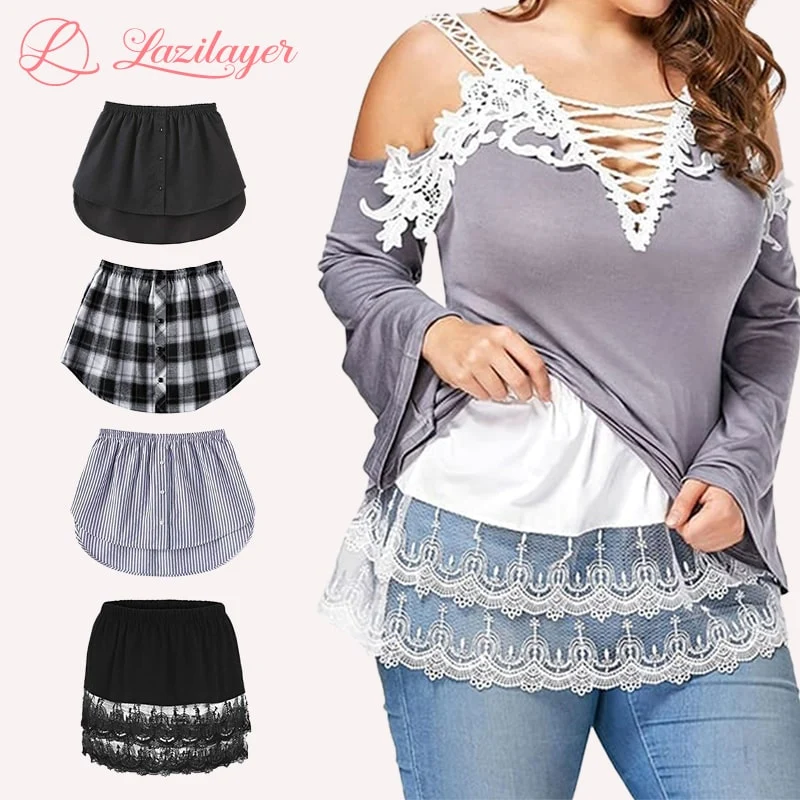 Lagenlook Einsatz Damen verstellbarer Bund | Shirt- & Blusenverlängerung | 9 Designs: Kariert, Gestreift, Spitze