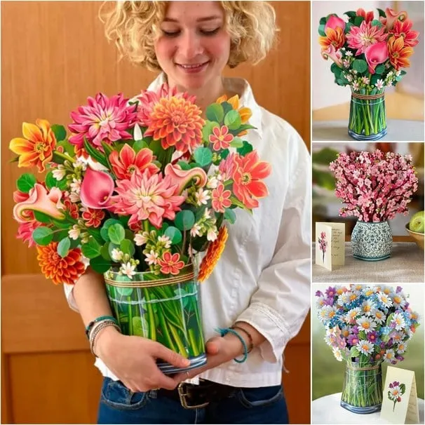 3D Popup Blumenstrauß | Papierblumen mit Vase & Karte | Dauerhaft & Geschenkidee