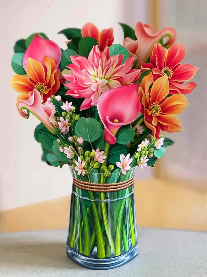 3D Popup Blumenstrauß | Papierblumen mit Vase & Karte | Dauerhaft & Geschenkidee
