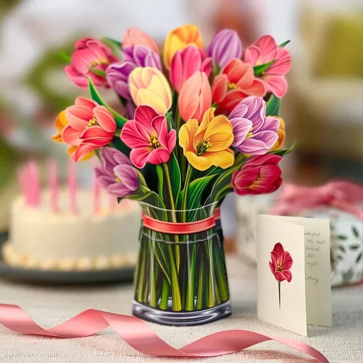 3D Popup Blumenstrauß | Papierblumen mit Vase & Karte | Dauerhaft & Geschenkidee