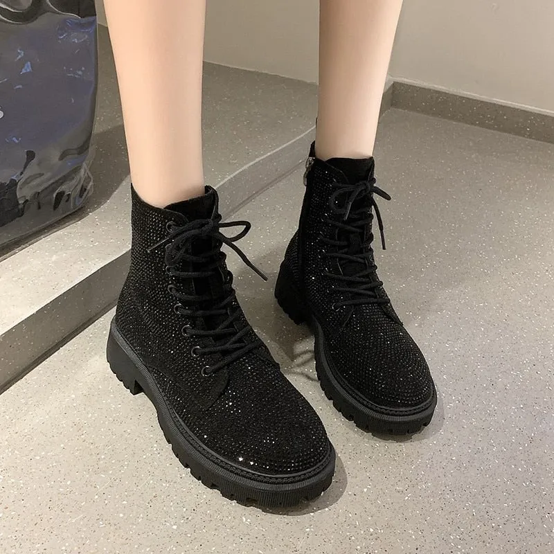 Damen Stiefelette | Elegantes Design | Glitzersteine & Seitlicher Reißverschluss | Bequeme Passform