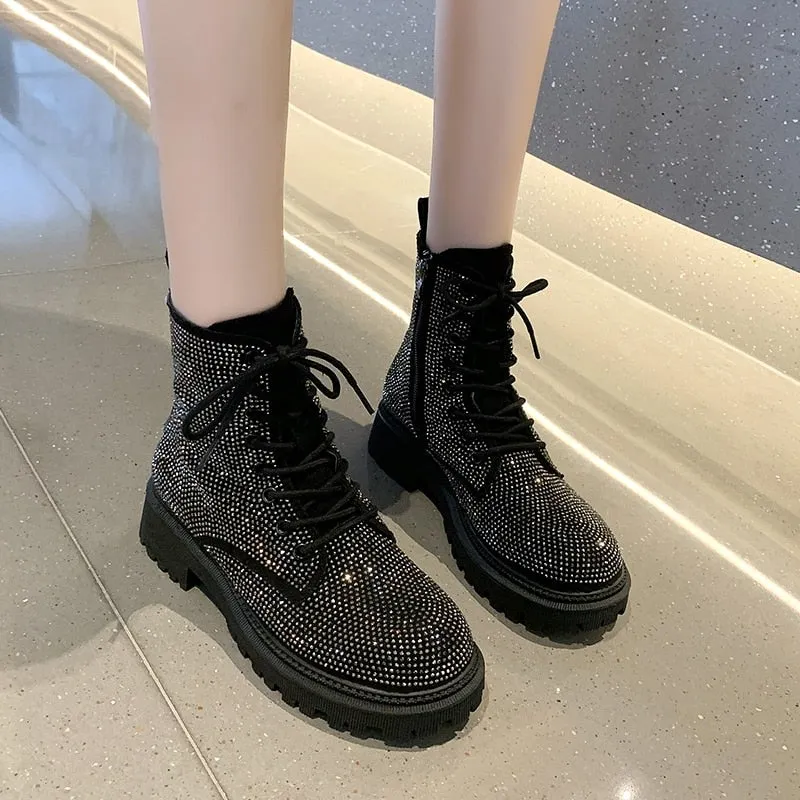 Damen Stiefelette | Elegantes Design | Glitzersteine & Seitlicher Reißverschluss | Bequeme Passform