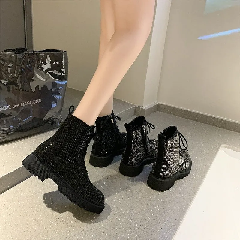 Damen Stiefelette | Elegantes Design | Glitzersteine & Seitlicher Reißverschluss | Bequeme Passform