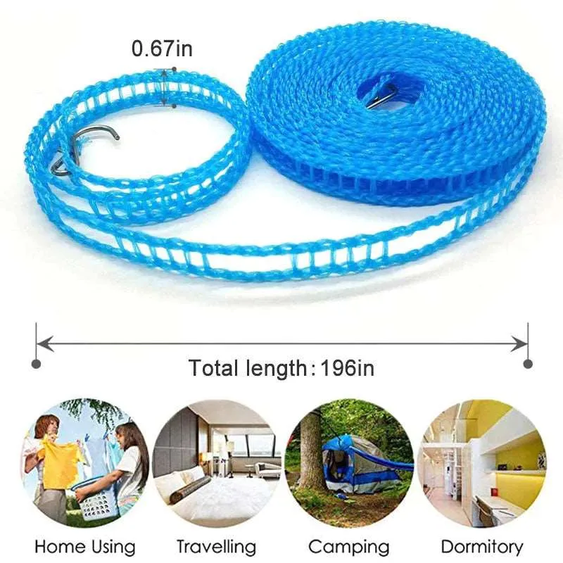 Tragbare Wäscheleine | 5 m windfeste Reise-Wäscheleine mit Edelstahlhaken für Balkon, Camping und Badezimmer