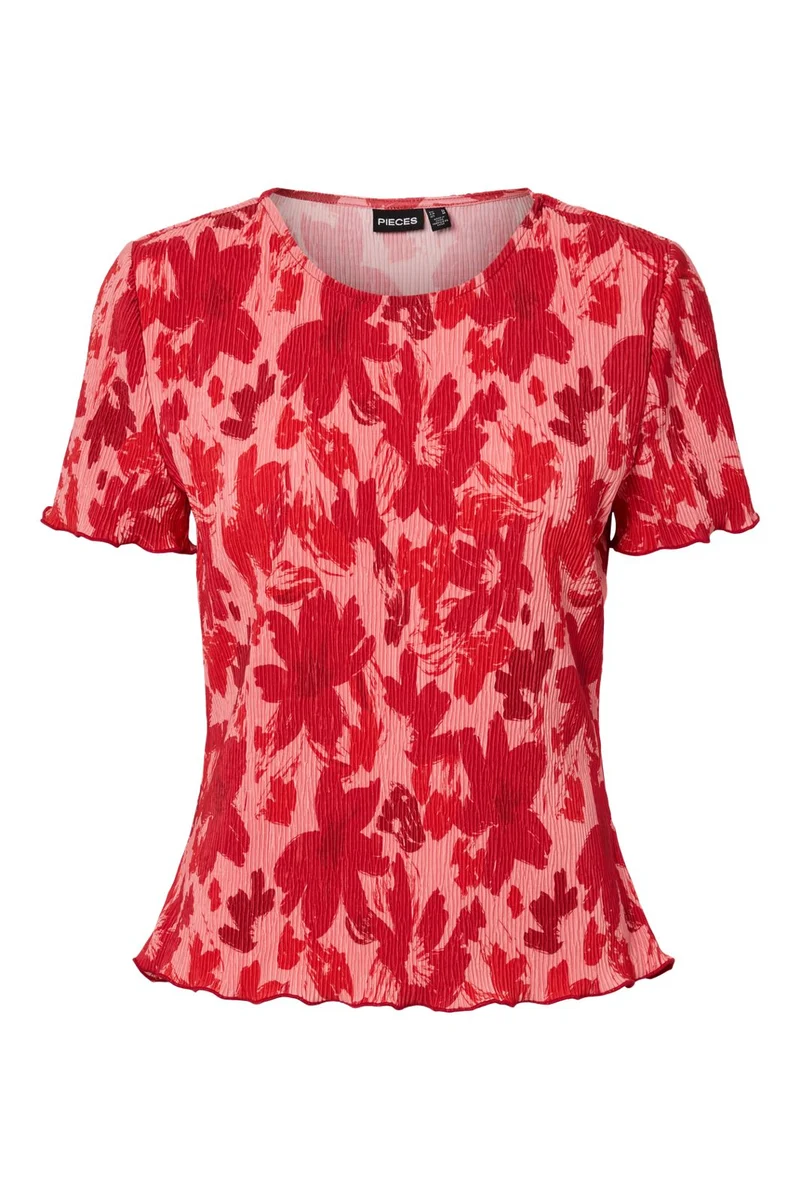 Pieces - Pcflora Ss O-Neck Top Msa - 4963675 Adrenaline Rush Red Tone Flowers