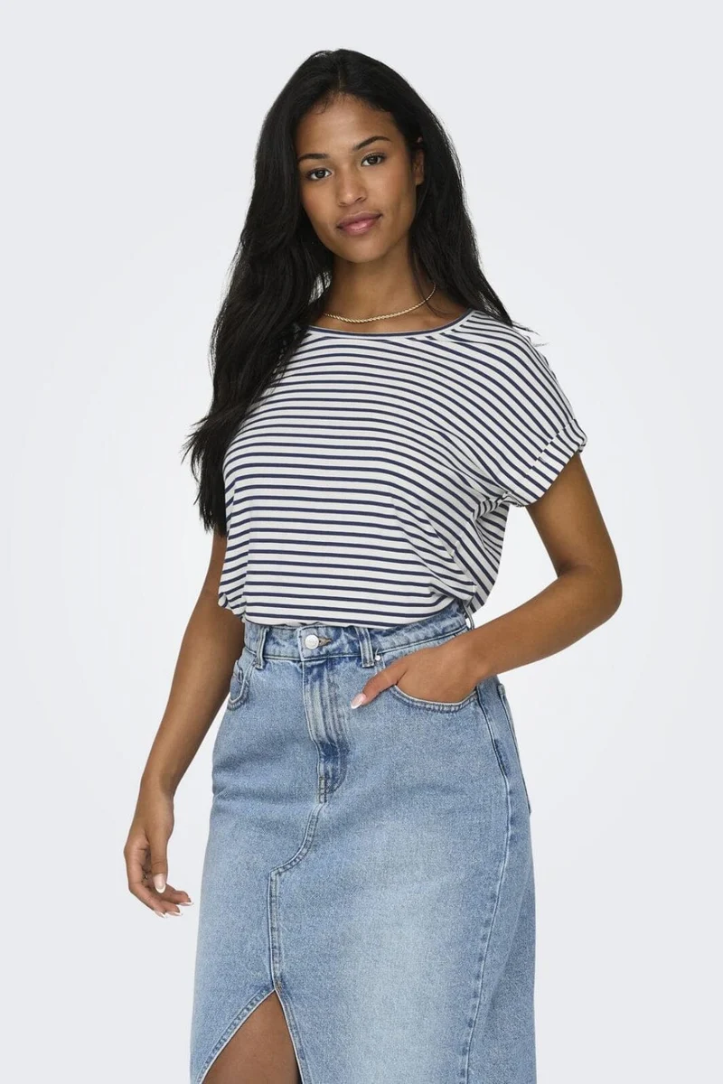 Only - Onlmoster Stripe S/S O-Neck Top - 4448024 Cloud Dancer Naval Academy